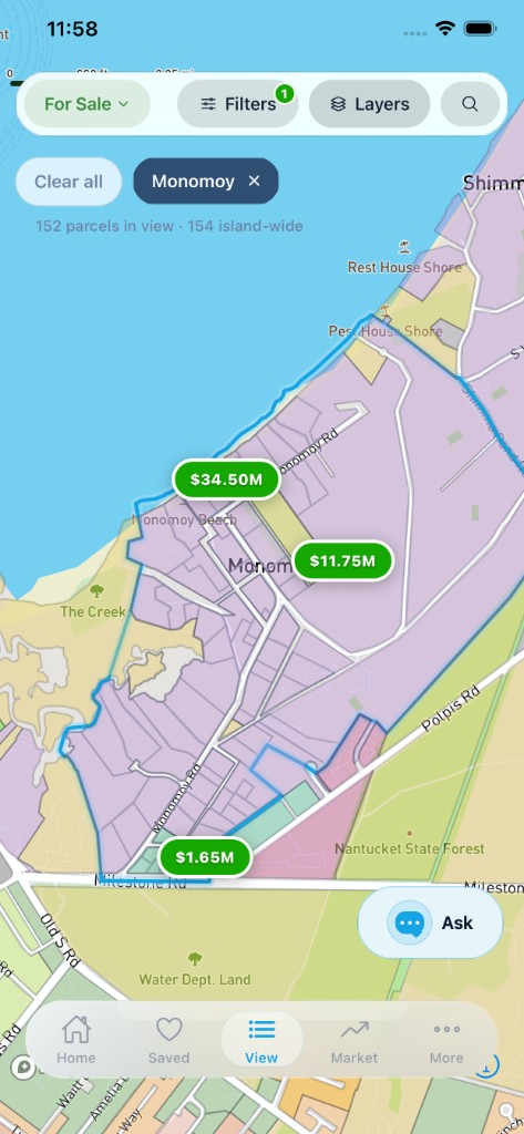 Nantucket Houses iPhone app showing Monomoy parcels, listing prices, and map layers